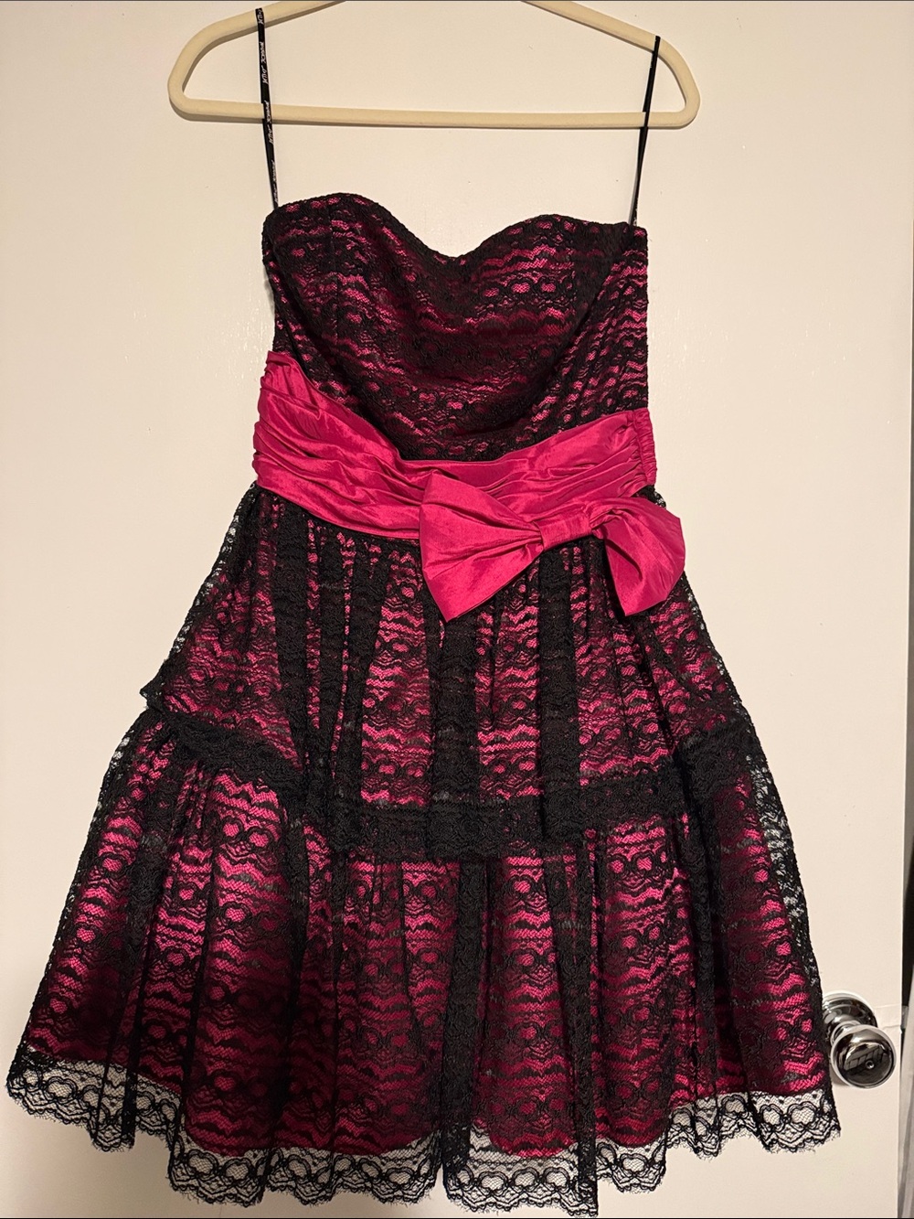 Betsey Johnson Black Lace Overlay Strapless Dress with Fuchsia Bow